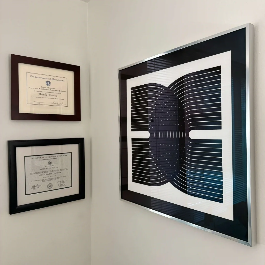 Professional counseling credentials displayed with modern artwork